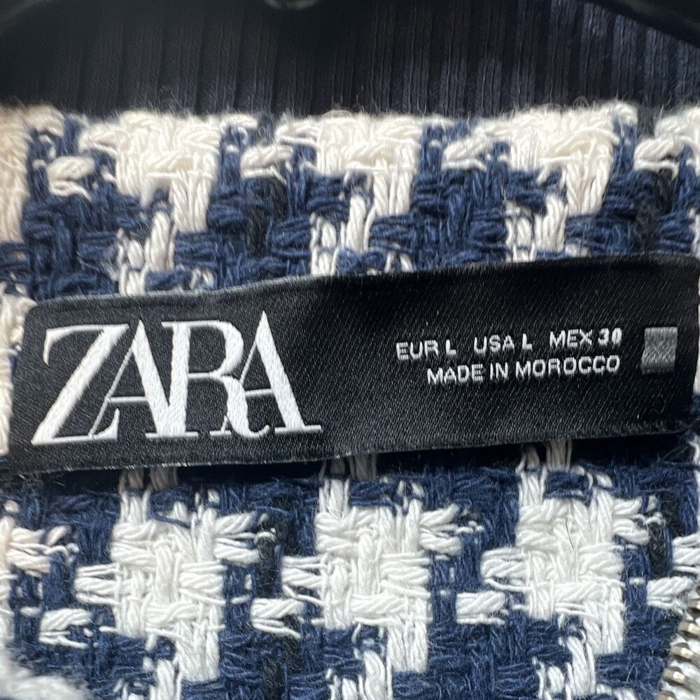 ZARA Women’s Navy/White Houndstooth Bomber Jacket L Zip Front Lined - Picture 2 of 10